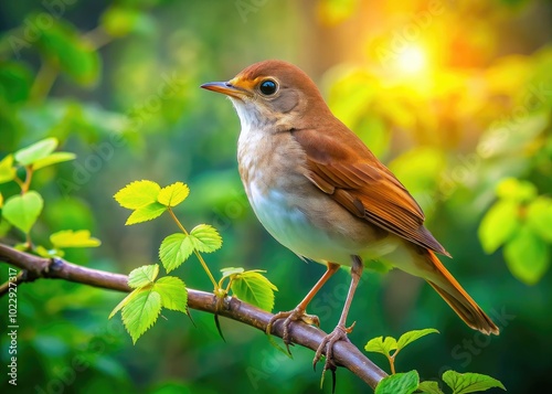 Male Nightingale Perched on a Branch Amidst Lush Green Foliage in Natural Habitat at Dusk