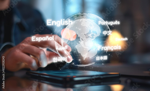 Global communication with multiple languages. Digital virtual reality globe with online languages study, skills interpreter lesson and practice capabilities in connected vr world. EIDE