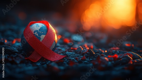 World AIDS Day concept, Earth globe with red ribbon on ashes and fire background.