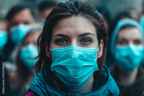 Covid global sefety campaign, Generative AI photo of people in protective facial mask quarantine pandemia