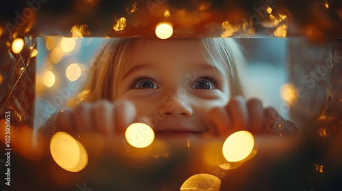 POV inside a Christmas gift box, child’s ecstatic face, eyes sparkling, hands reaching into the box, golden festive lights illuminating their expression,