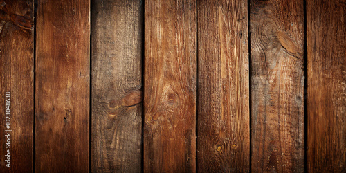 Panoramic background of old wooden planks in warm dark brown tones with a rustic weathered finish, arranged vertically