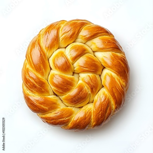 Golden braided bread, isolated on white background, top view.