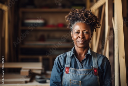 Portrait of a middle aged African American female carpenter in shop