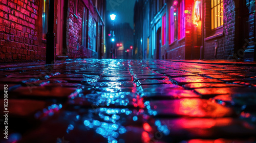 A street scene with a wet cobblestone road and neon lights