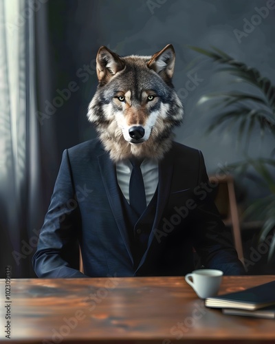 Sophisticated Wolf Executive Leads Corporate Meeting at Conference Table