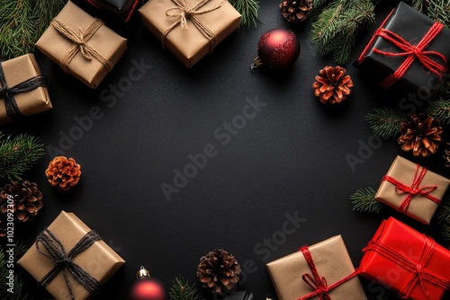 Christmas gifts forming border on black background with copy space