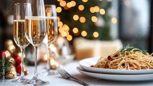 An elegantly set dinner table with festive decorations, featuring a plate of pasta and glasses of champagne, complemented by a glowing Christmas tree background.