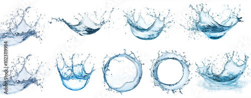 Set of realistic water splashes isolated on white background. High-quality water elements for design, advertising, and creative projects. Dynamic splashes capturing fluid motion and transparency