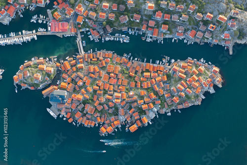 Aerial photo of village on the sea with dense housing on west coast of Sweden