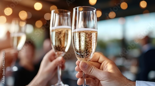 Two champagne glasses are raised in a toast in bright daylight with bokeh lights in the background, expressing joy, celebration, and togetherness.