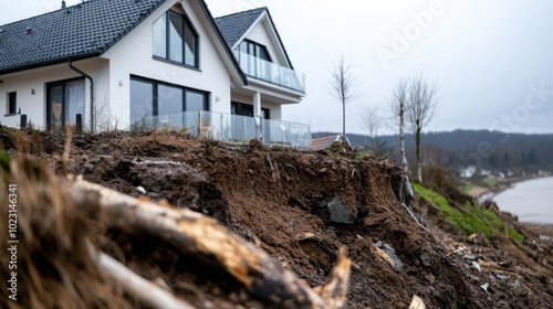 This image depicts a modern house precariously situated on the edge of a cliff, with significant erosion evident, highlighting the risks of natural land degradation.