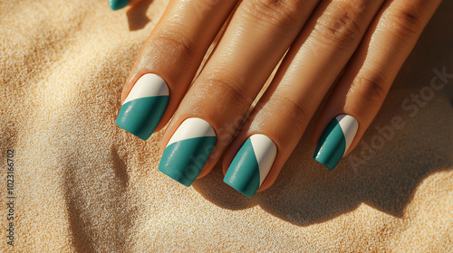 Overhead shot of square nails painted in matte teal with a textured finish, featuring a matte white triangle design on the ring finger. The nails are set against a sandy beige surface for a warm contr