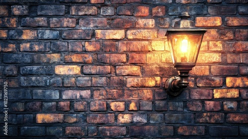 A charming gas light casts a gentle glow on an old brick wall, creating a nostalgic atmosphere, ideal for vintage or urban-themed imagery.