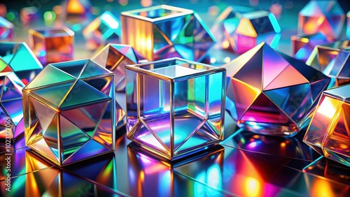 Abstract render of geometric shapes made from reflective and refractive glass material with dispersion effects