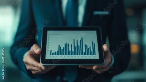 Business professional holding tablet displaying statistical graphs.