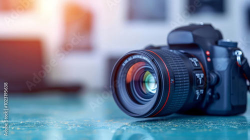 Professional DSLR camera with lens on a table.