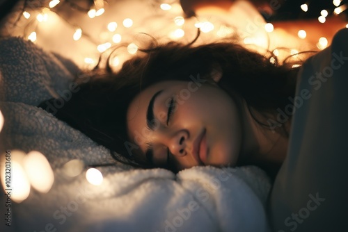 A peaceful scene of a woman sleeping amidst cozy lights, symbolizing tranquility and comfort at night.