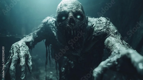 A creepy monster with glowing eyes is seen in a dark, murky water