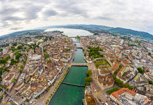 Zurich, Switzerland. Panorama of the city in cloudy weather. Summer day. Aerial view