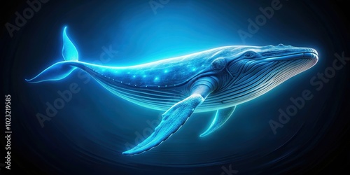 Neon backlight effect of a massive blue whale on a dark ocean background with glowing threads , glowing, neon, blue whale