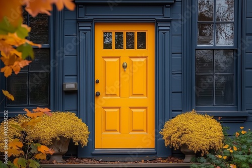 The yellow front door looks strikingly beautiful