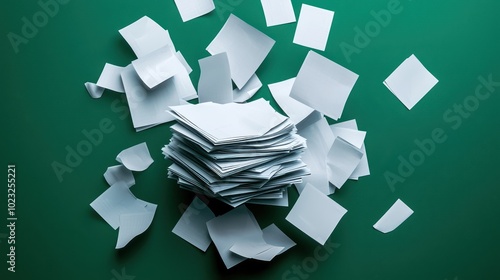 A chaotic arrangement of crumpled and scattered papers on a green background, representing disorganization and creativity.