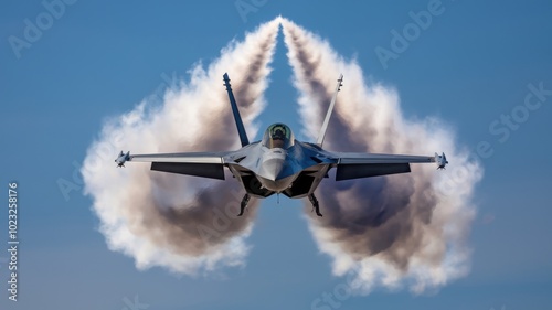 Fighter jet flying at high speed, leaving behind vapor trails against a clear blue sky.