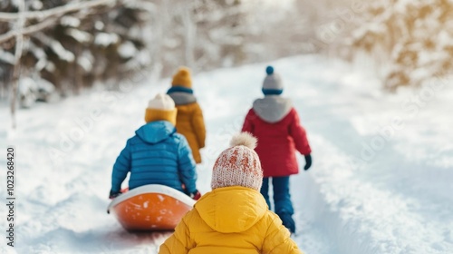 Family Gathered Around Snowy Sledding Hill Taking Turns Gliding Down the Slope and Embracing the Outdoor Winter Activities