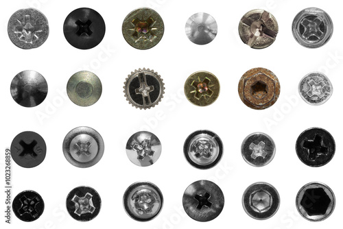 Top view of a neatly laid out collection of heads of screws, bolts and rivets of various shapes and sizes on a transparent background.