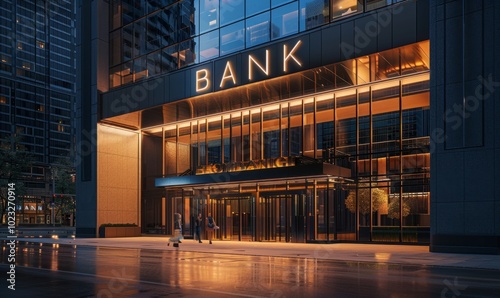 Modern bank building with illuminated entrance at dusk showcasing urban architecture and evening activity in a bustling city