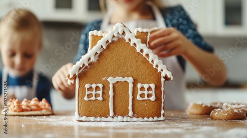 Parents and children working together to create a homemade gingerbread house in the cozy kitchen engaging in a cherished holiday tradition and creating lasting memories of family time