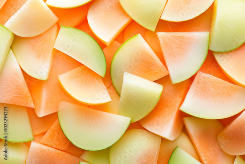 Vibrant slices of cantaloupe and honeydew melons, showcasing a refreshing and colorful assortment perfect for summer dishes.