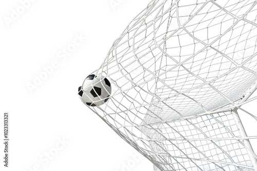  Soccer ball in soccer goal net . Close-up textured soccer net on soccer goal isolated on free PNG Background.