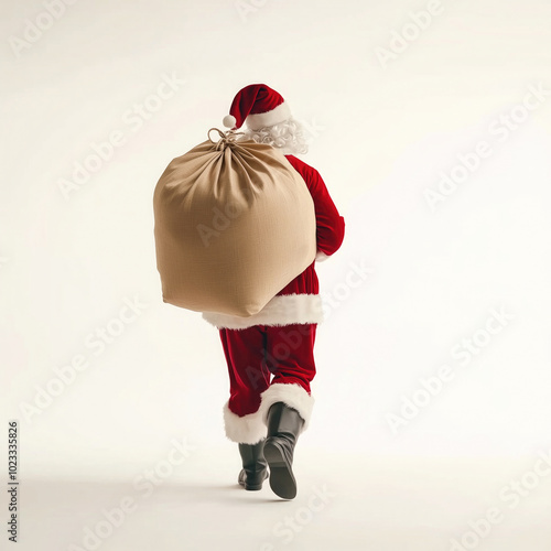 Santa Claus is seen walking away, carrying a large sack of gifts over his shoulder. Dressed in his iconic red suit, he embodies the joy and magic of the holiday season, ready to deliver presents.