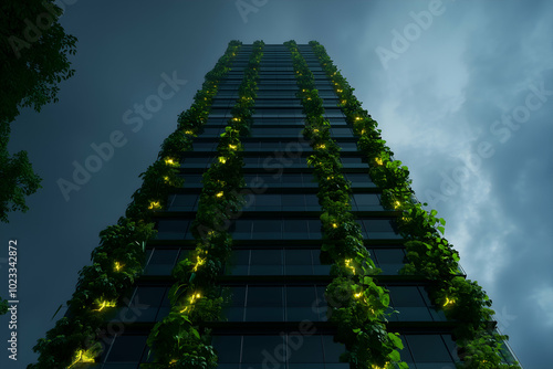 Sustainable urban lifestyle depicted by a tall skyscraper adorned with green plants on its balconies, set against a cloudy night sky