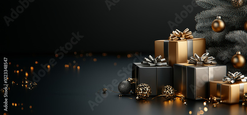 Christmas tree with a black and gold box on top. The box is decorated with a bow