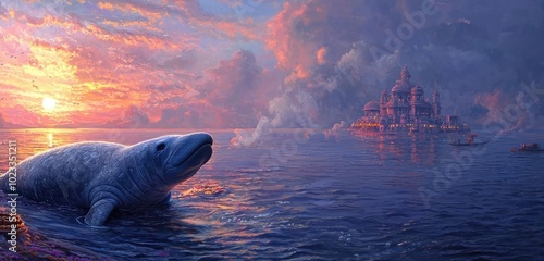 A serene scene featuring a beluga whale near an enchanting sunset and mystical architecture on the water's edge.