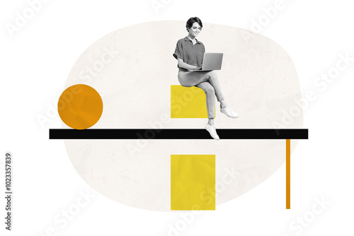 Composite trend artwork sketch image collage of element escape geometry hurdle small young lady sit cube platform type work laptop remote