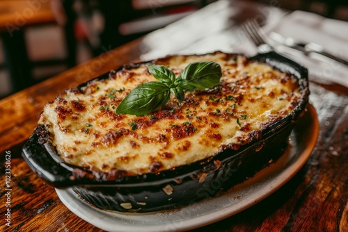 A dish of cheesy pasta topped with basil.