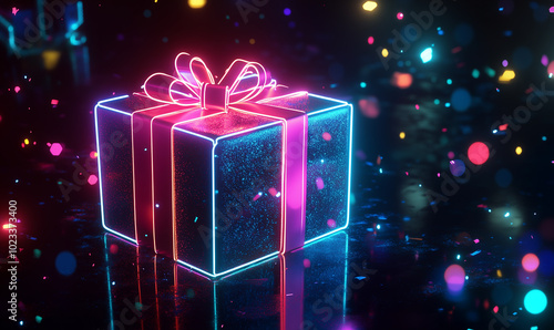 Glowing gift box in neon style on a black background with bokeh neon lights. Copy space for banner. Cyber Monday, Black Friday and Christmas.