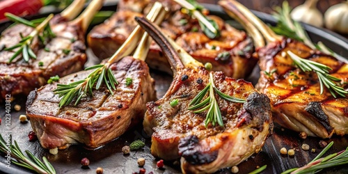 Grilled lamb chops marinated with rosemary and garlic, extreme close-up