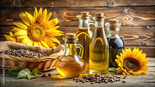 Healthy cooking with sunflower oil and seeds reflected in bottles with sunflowers on wooden background