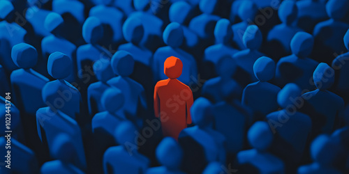 One red person standing out from a blue crowd