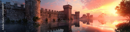 A European castle's moat reflecting the hues of sunset upon its stone walls, a serene scene of medieval architecture.