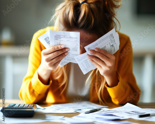 Stressed woman holding multiple overdue bills in both hands, feeling overwhelmed by financial responsibilities. scene captures emotional burden of managing finances