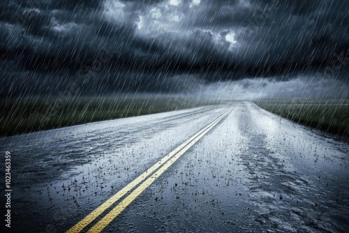 Rainy road under dark stormy sky with heavy downpour.