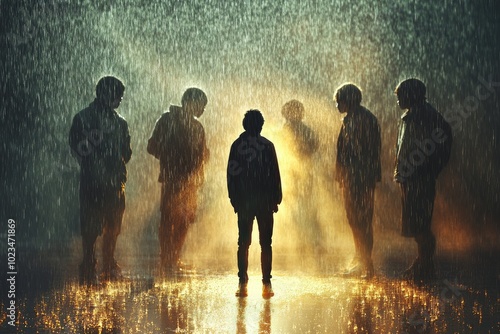 A student standing alone in the rain, with the blurred shadow of bullies in the background and an atmosphere of isolation