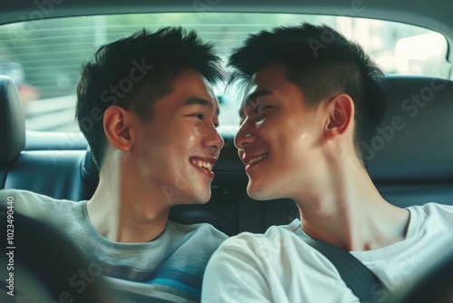 Hong Konger couple of gay grooms romance love car.