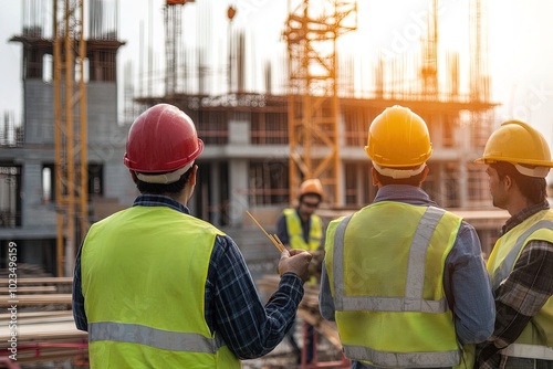 Construction Workers Discussing Project Details at a Building Site During Sunset